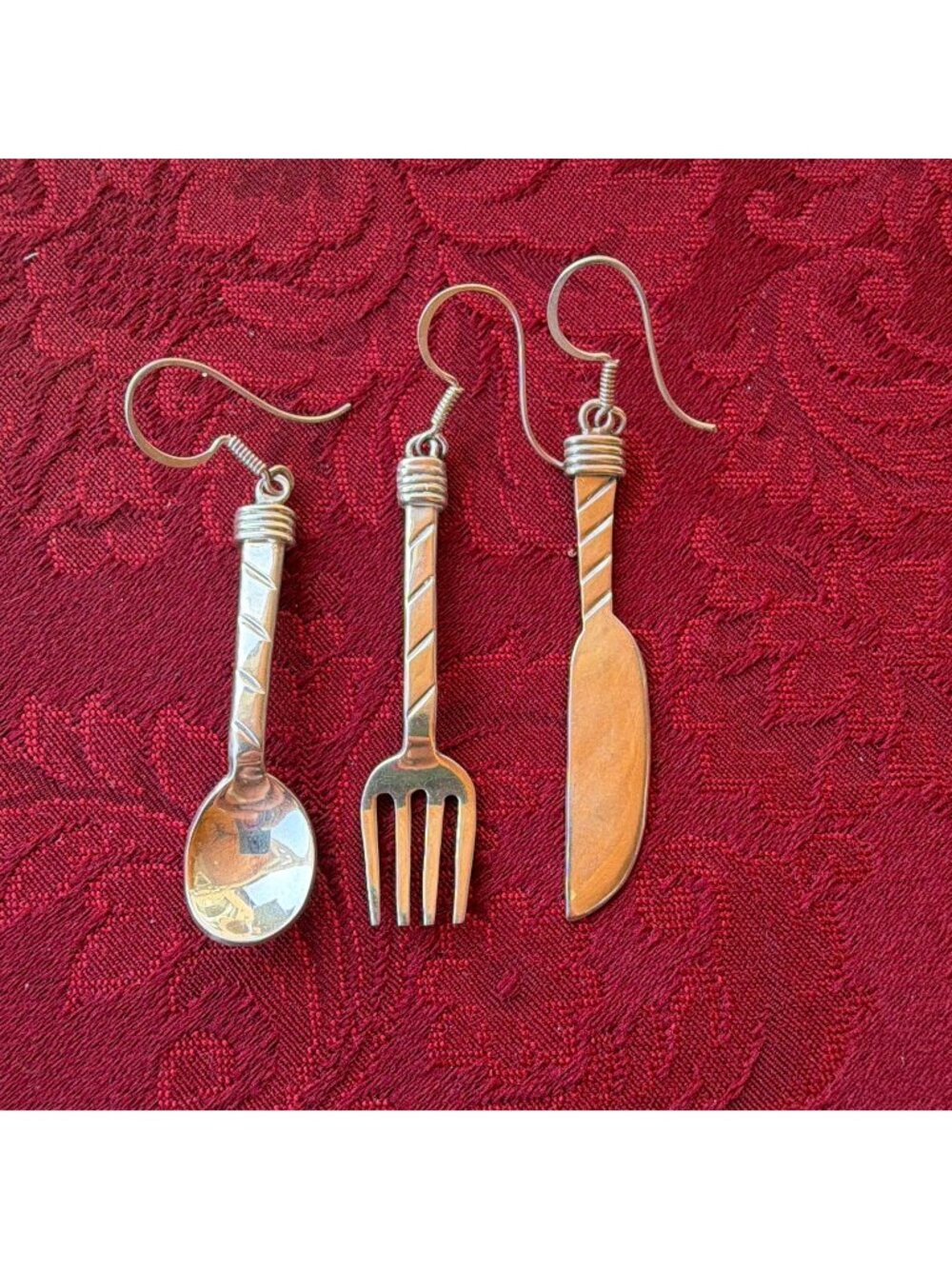 Vintage Taxco Mexico 925 Sterling Silver Cutlery Fork Spoon Knife Trio Earrings